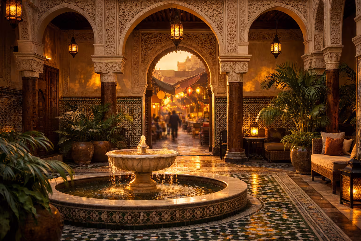 Riad traditionnel à Marrakech avec patio central, fontaine, mosaïque zellige et architecture marocaine authentique baignée de lumière chaude.