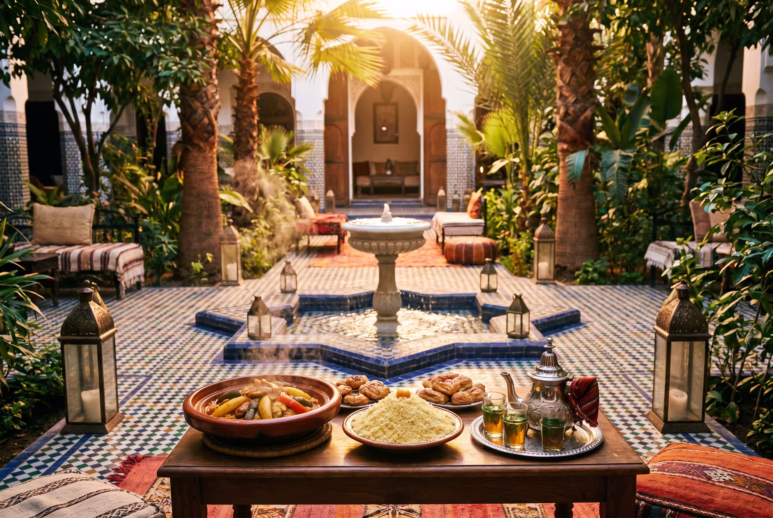 Séjour à Marrakech dans un riad traditionnel avec cour intérieure, fontaine et cuisine marocaine authentique (tajine, couscous, thé à la menthe)